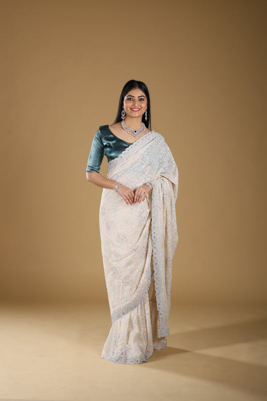 Embroidery Georjet Saree With Stone Border