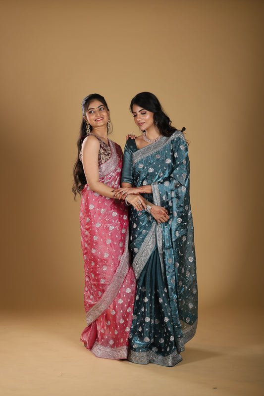 Organza Sheer Fabric With Golden Zari  Border