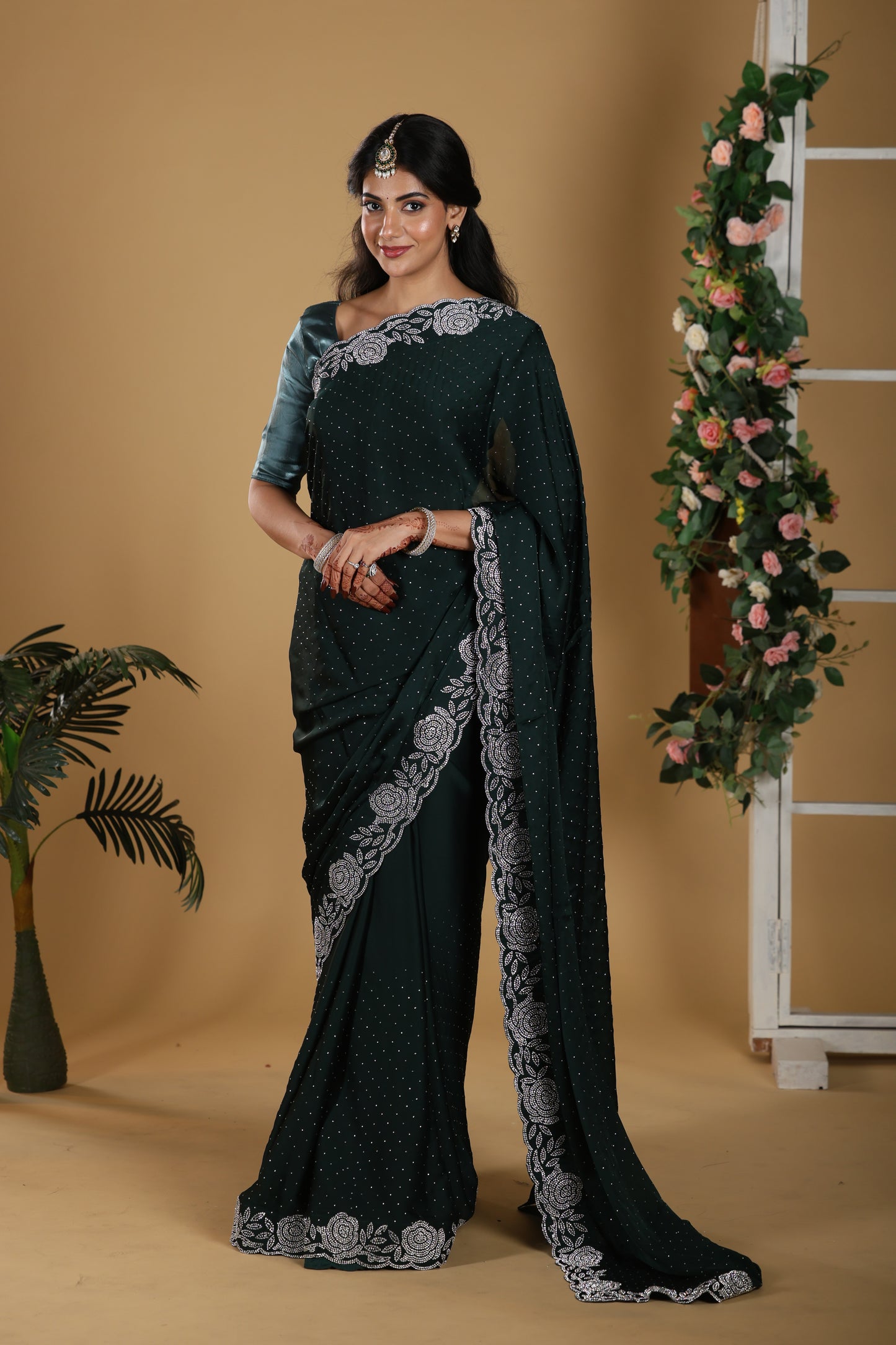 Green Satin Saree With Stone Border