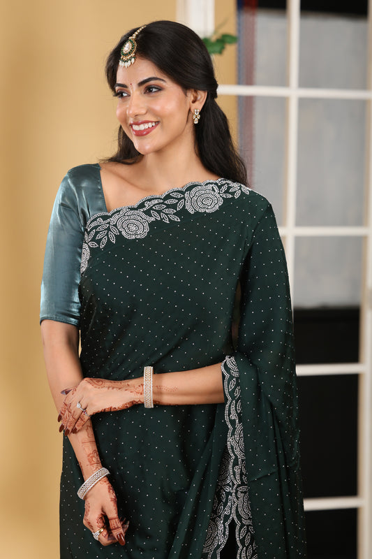 Green  Satin Saree With Stone Border