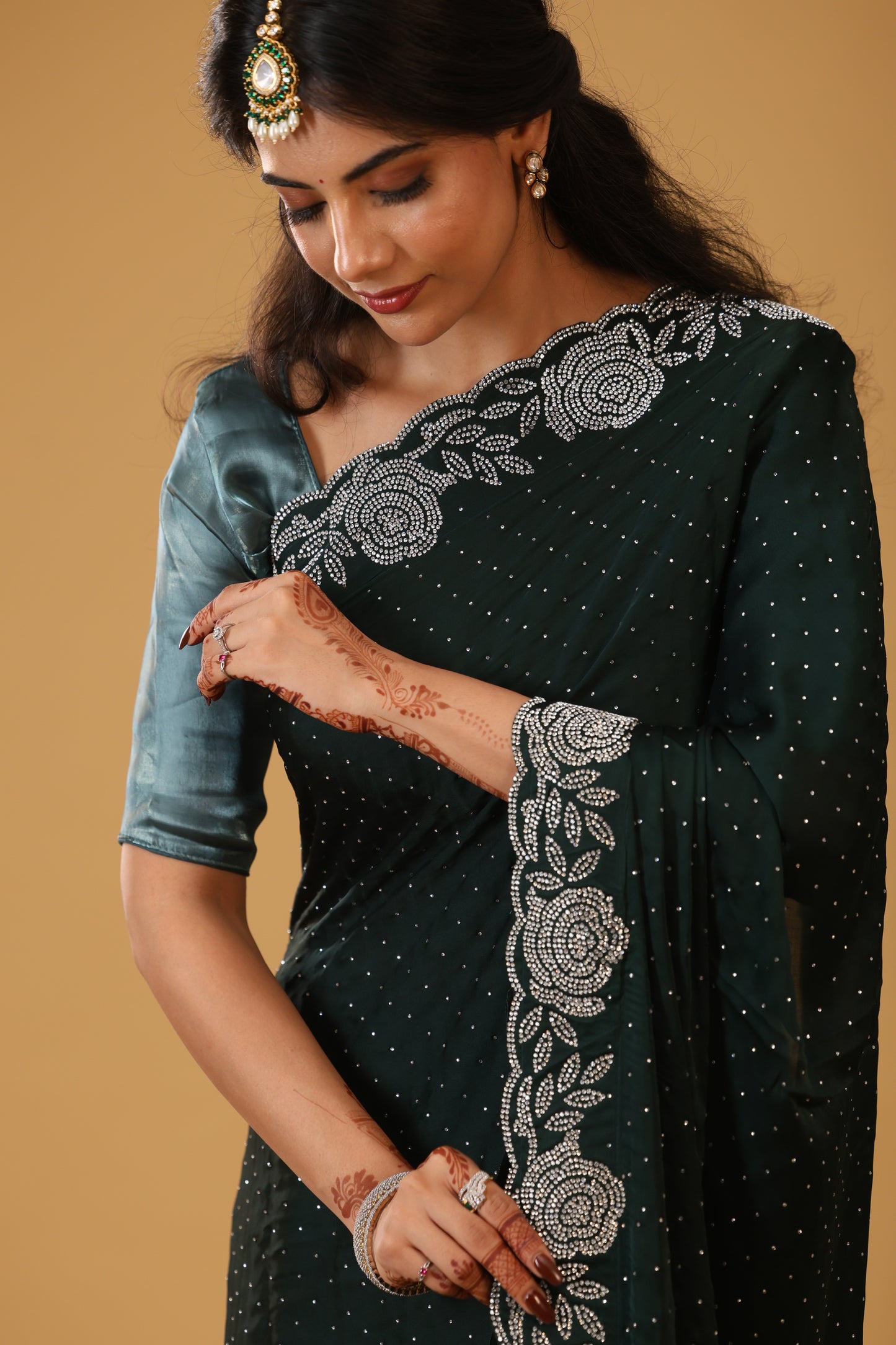 Green Satin Saree With Stone Border