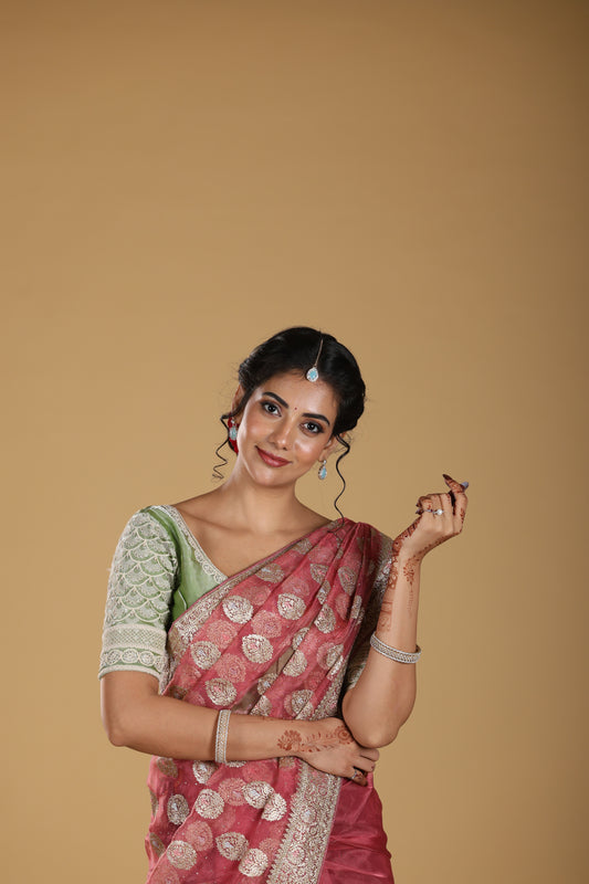 Organza Sheer Fabric With Golden Zari  Border