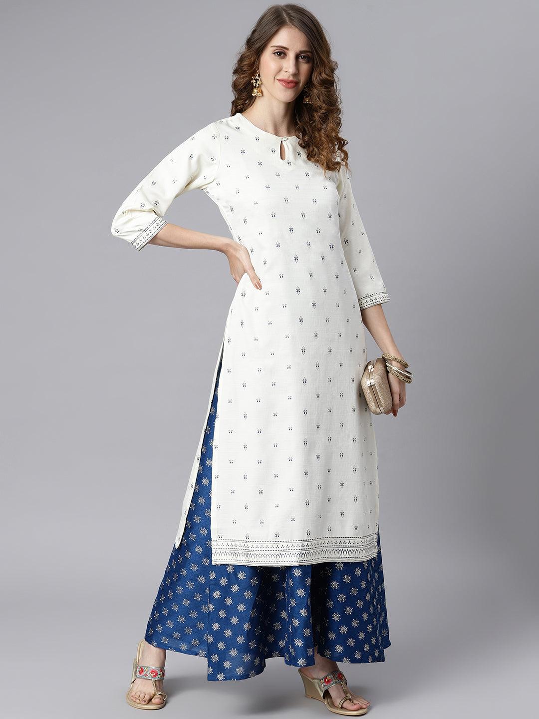 Off White Poly Silk Ethnic Motifs Flared Ethnic Dress