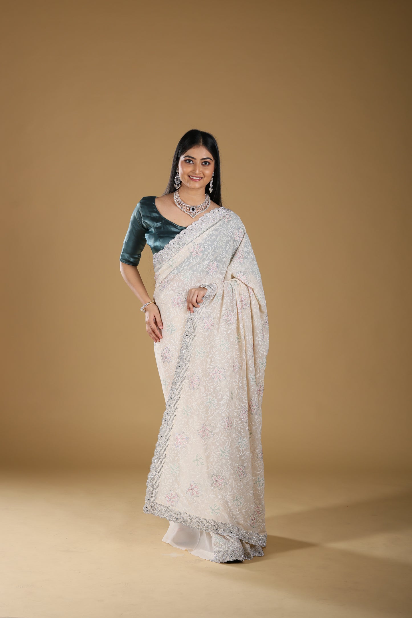 Embroidery Georjet Saree With Stone Border