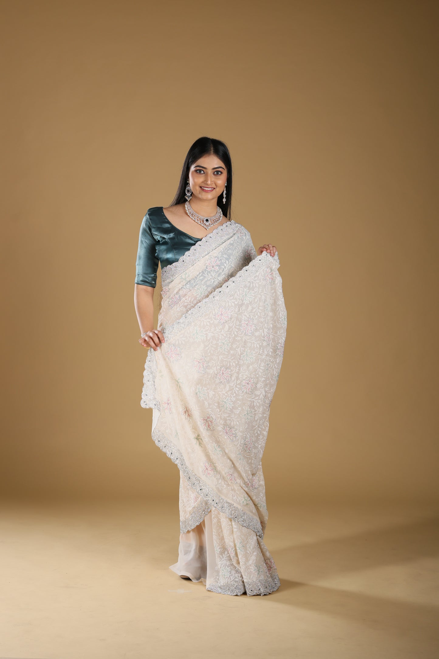 Embroidery Georjet Saree With Stone Border