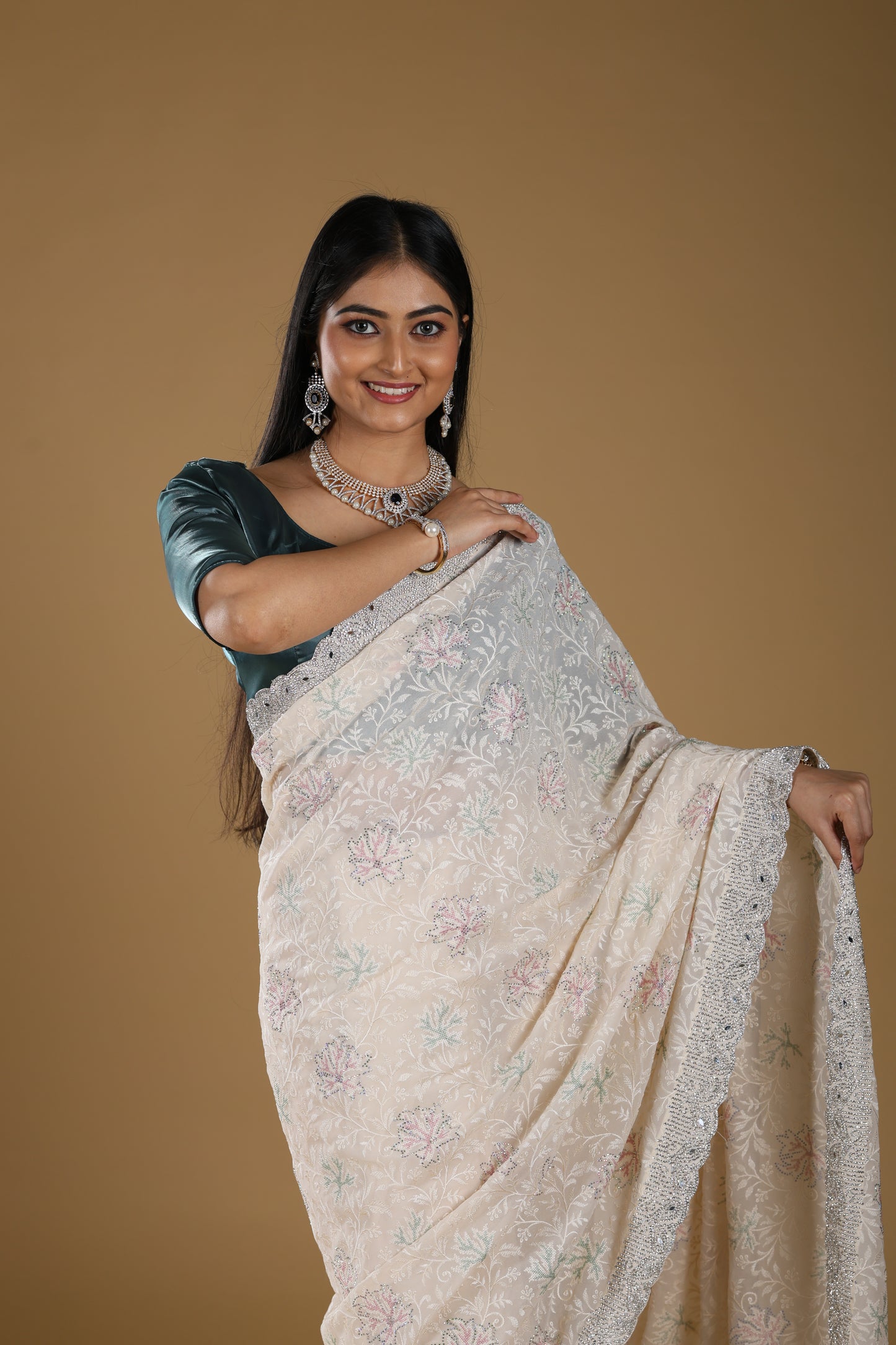 Embroidery Georjet Saree With Stone Border