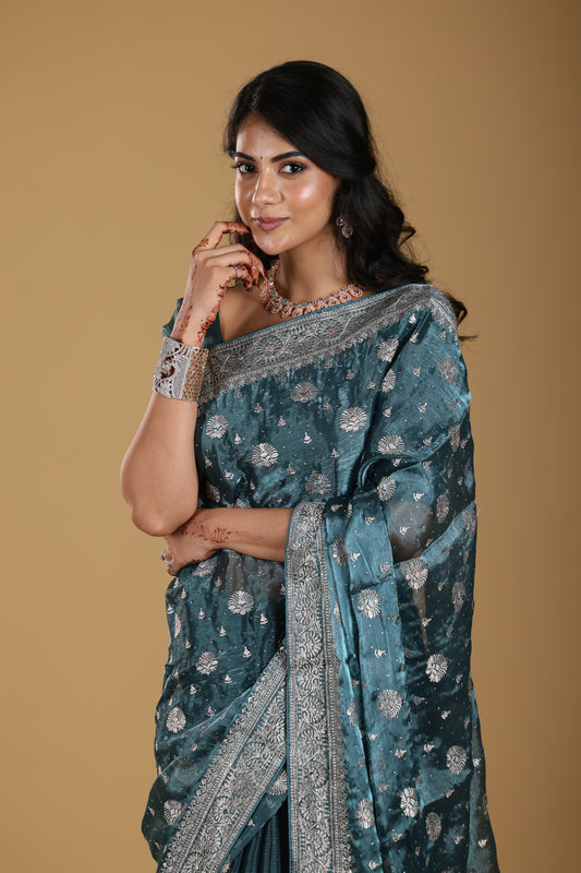 Exclusive Organza With Golden Zari Border