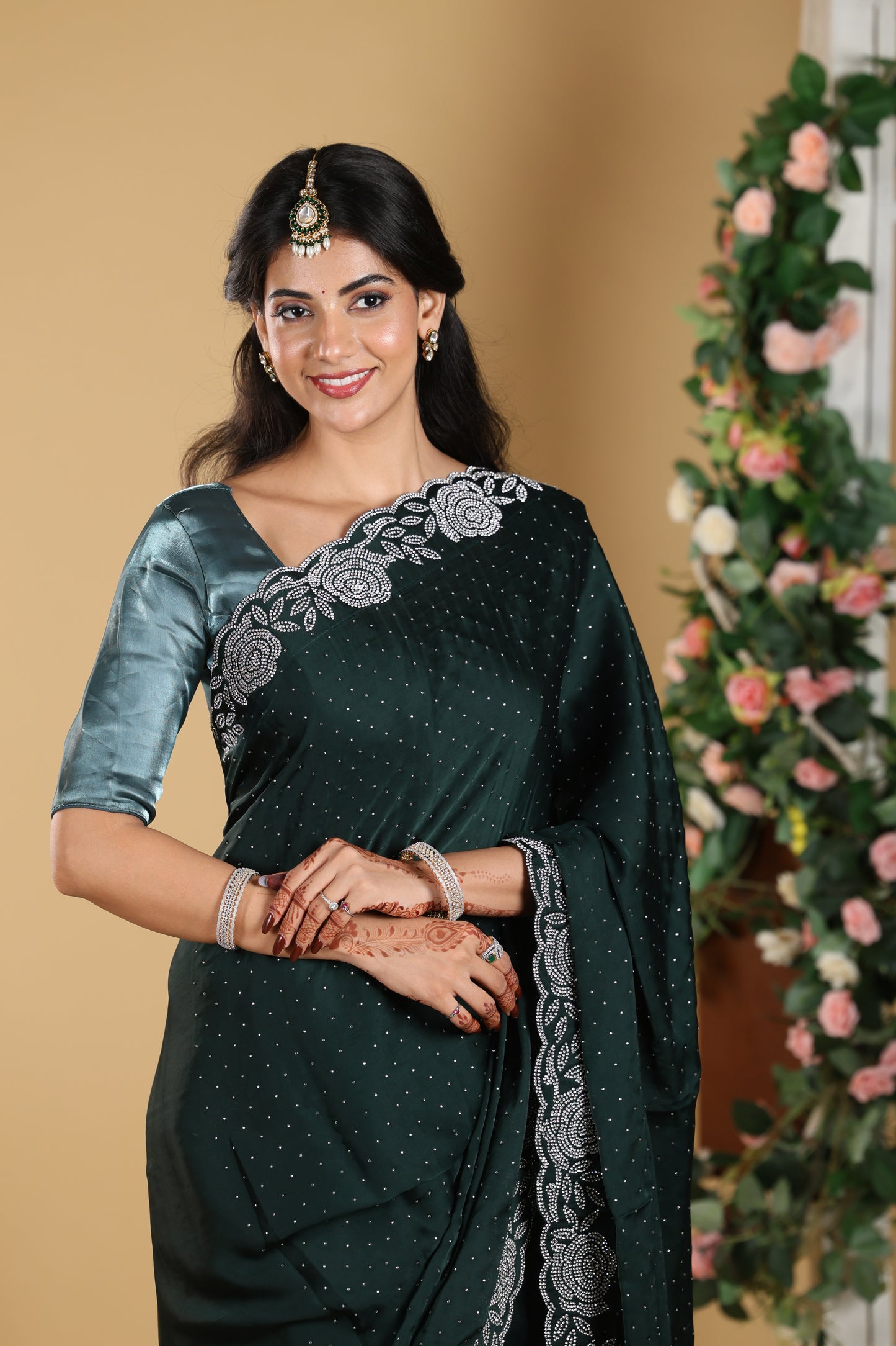 Green  Satin Saree With Stone Border