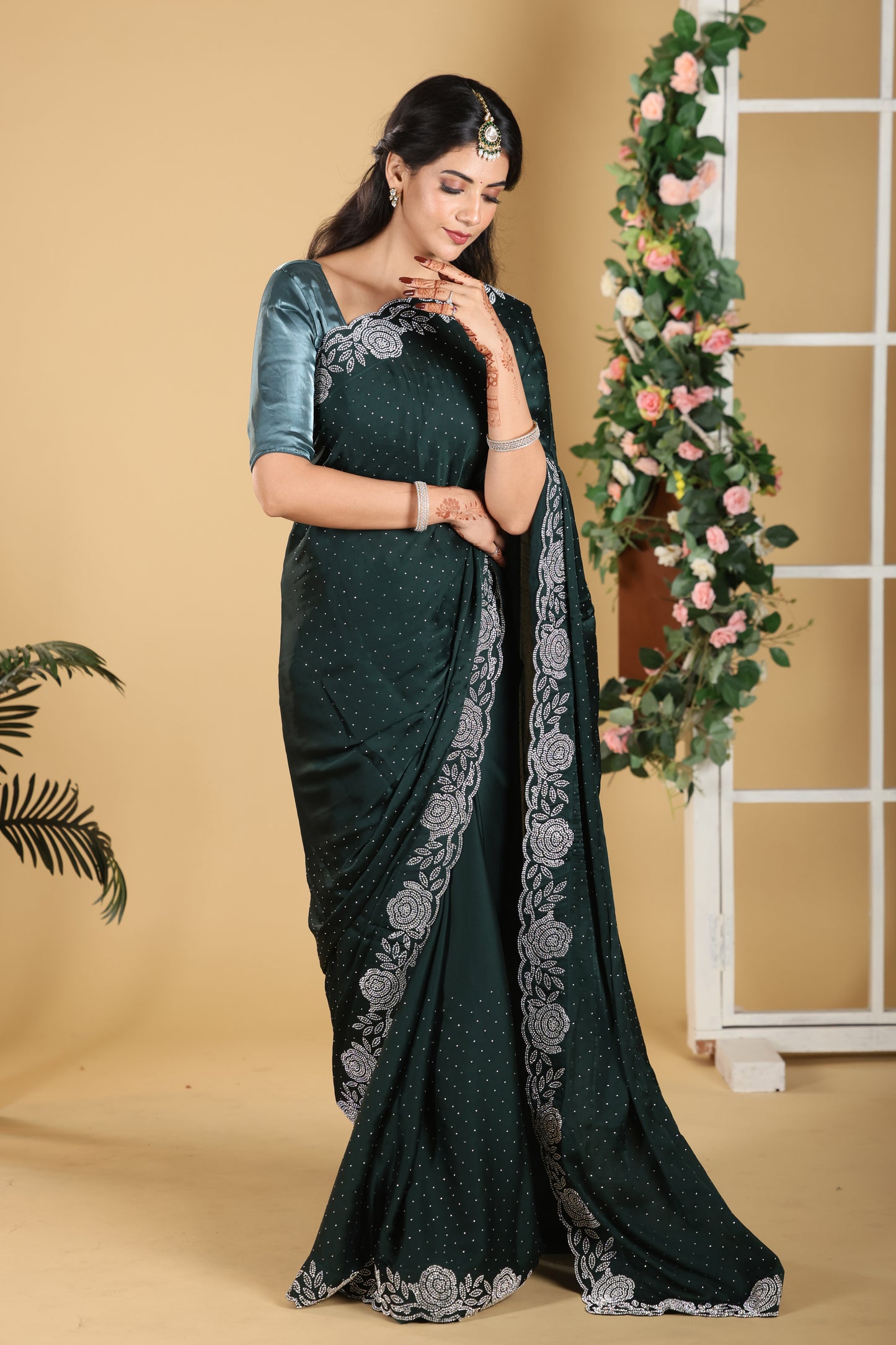 Green  Satin Saree With Stone Border