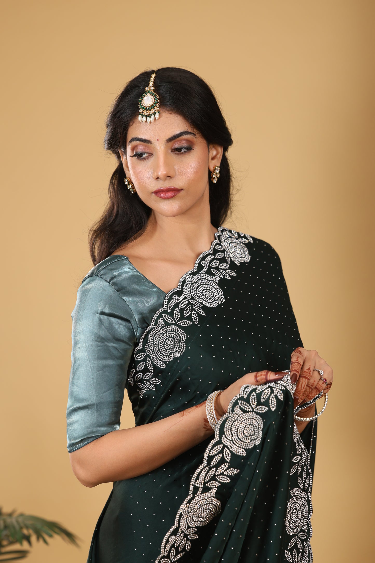 Green  Satin Saree With Stone Border