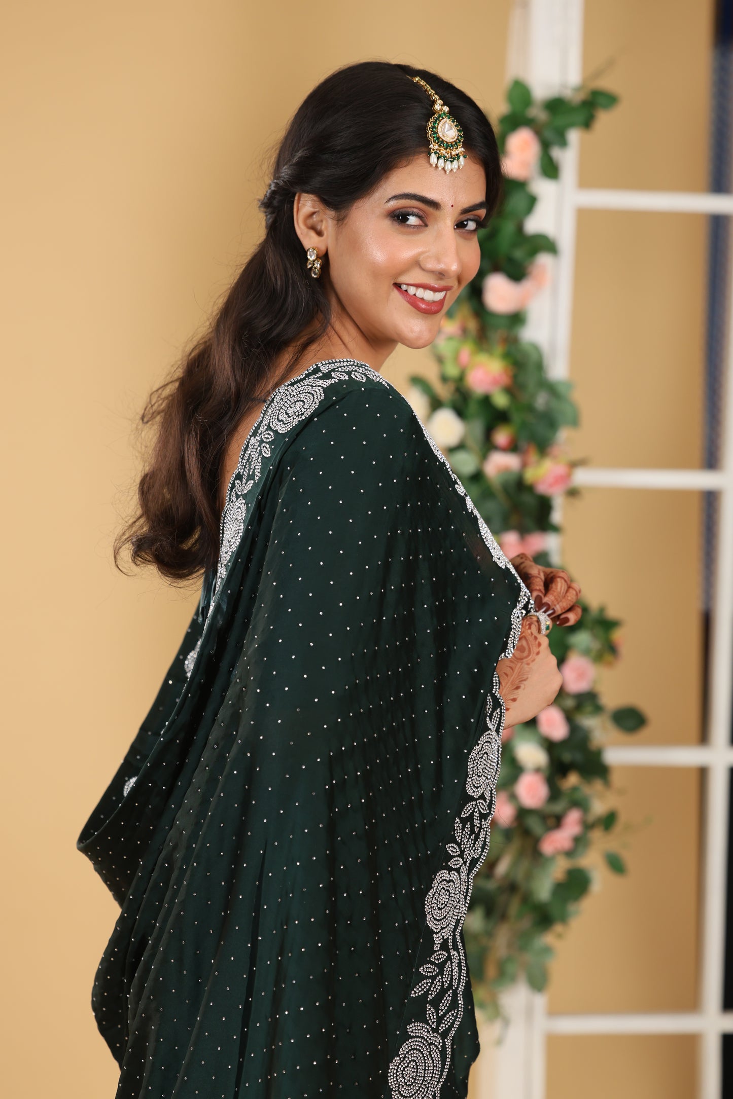 Green  Satin Saree With Stone Border