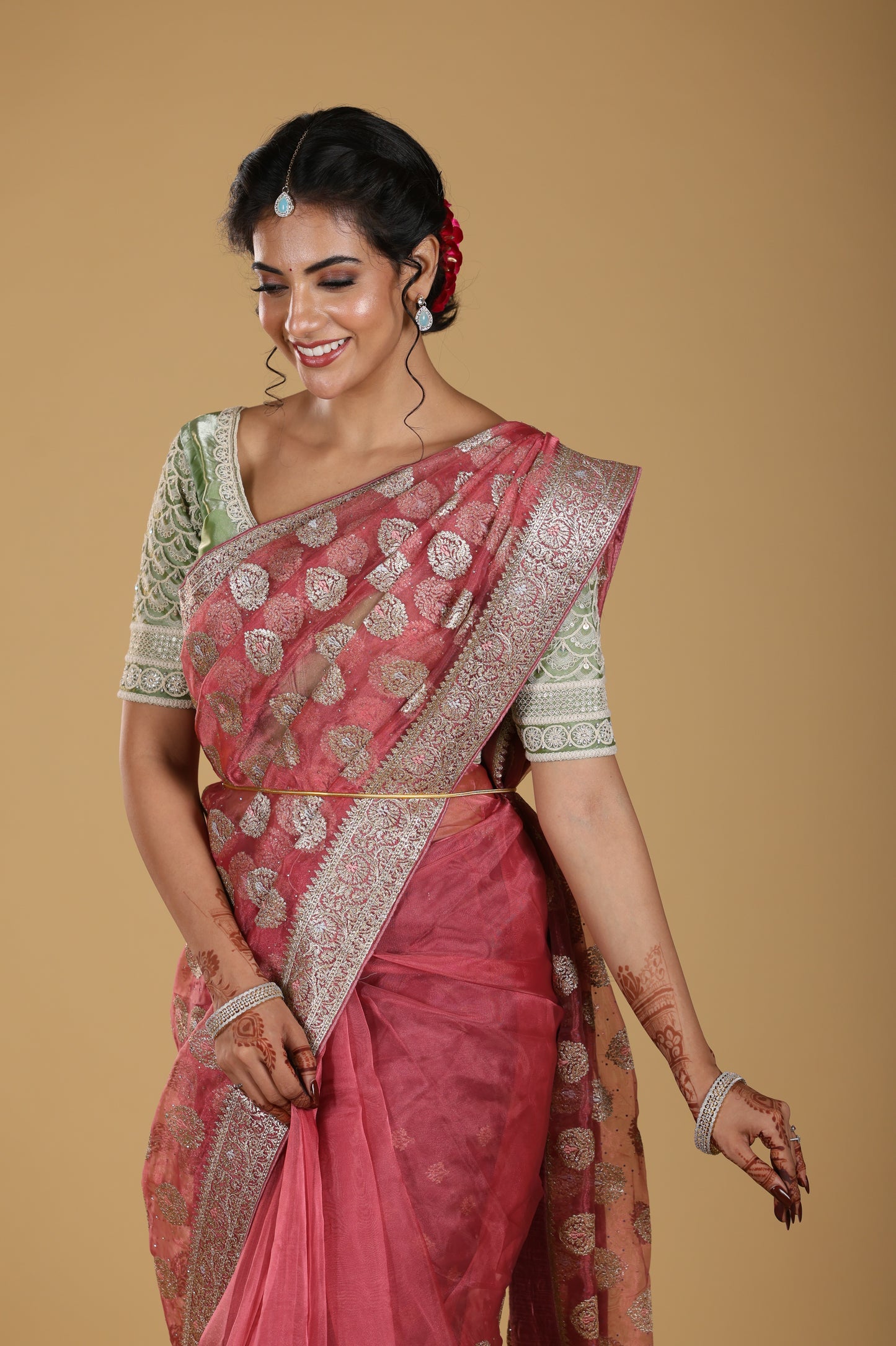 Organza Sheer Fabric With Golden Zari  Border