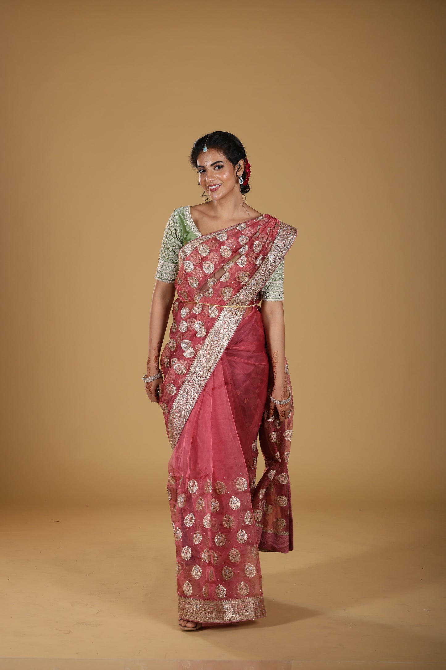 Organza Sheer Fabric With Golden Zari  Border