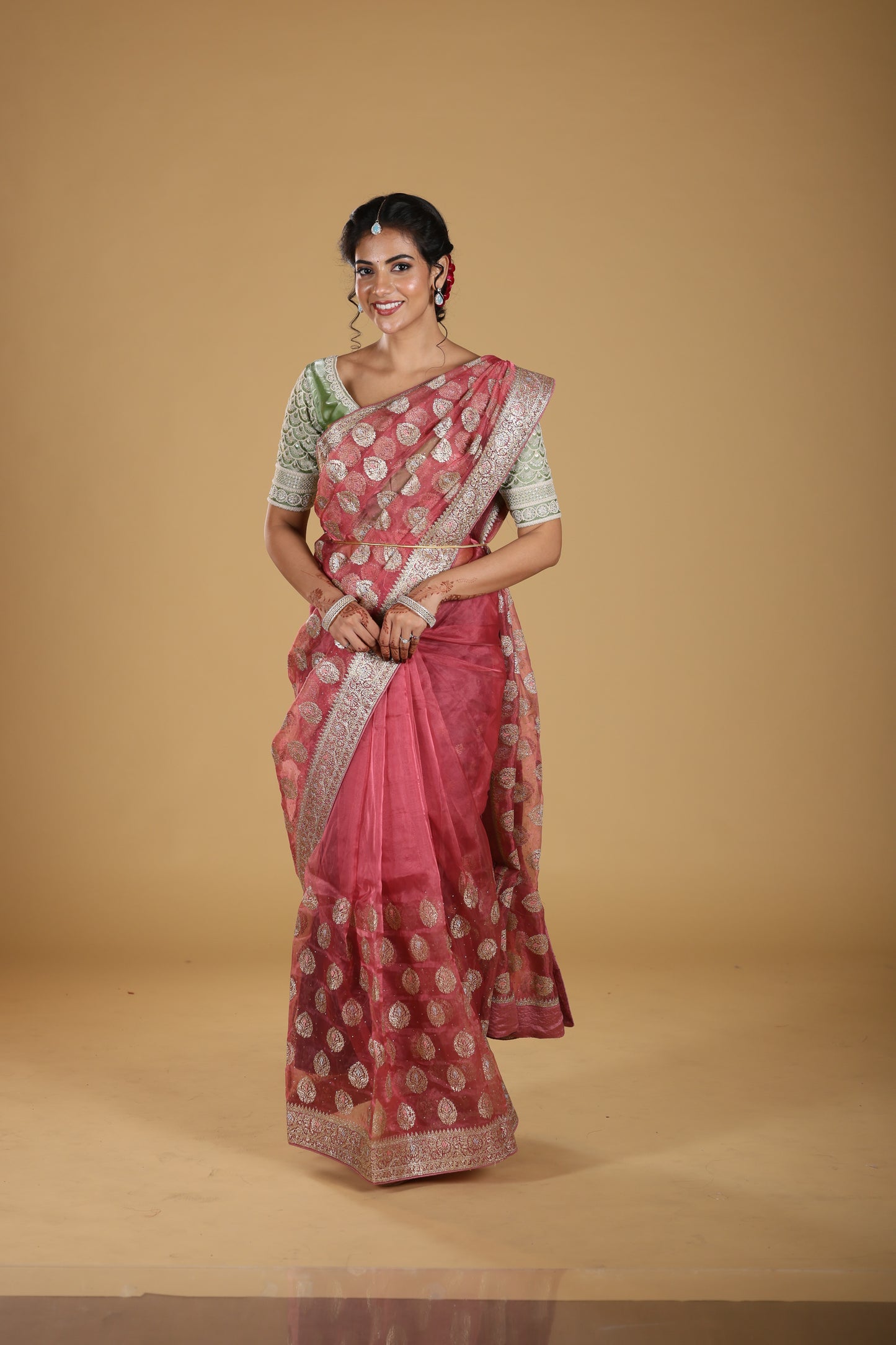 Organza Sheer Fabric With Golden Zari  Border
