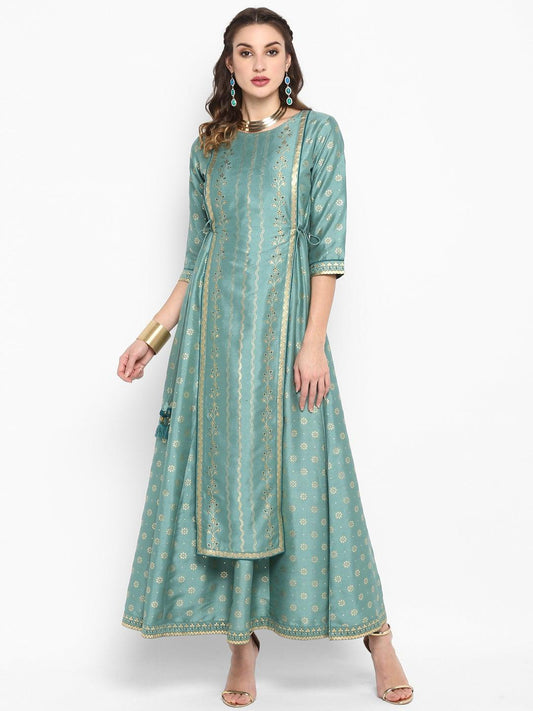 Green Rayon Crepe Foil Print Flared Ethnic Dress