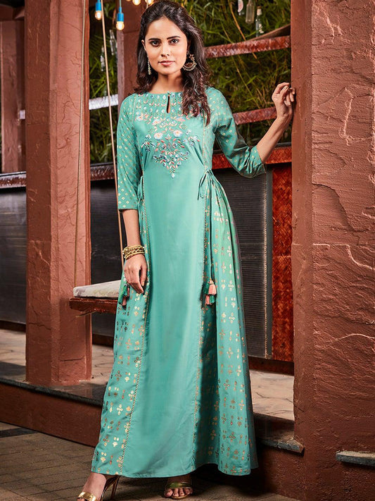 Green Rayon Embroidered Flared Ethnic Dress