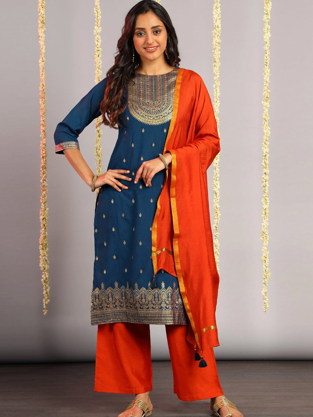 Blue Poly Silk Floral Print Kurta with Palazzo and Dupatta