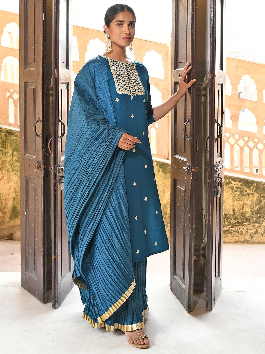 Teal Blue Chinnon Embroidered Kurta with Skirt and Dupatta