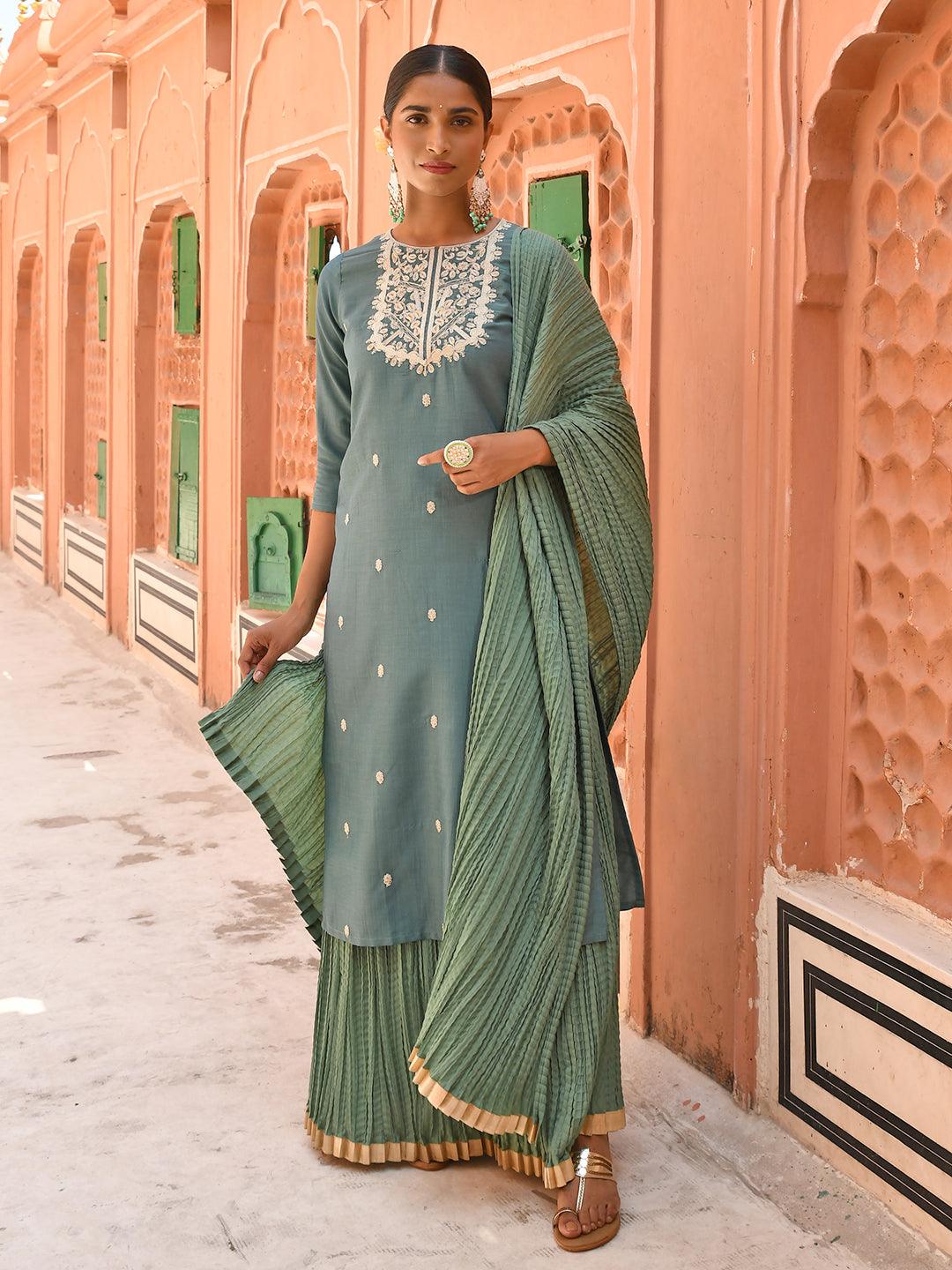 Green Chinnon Embroidered Kurta with Skirt and Dupatta