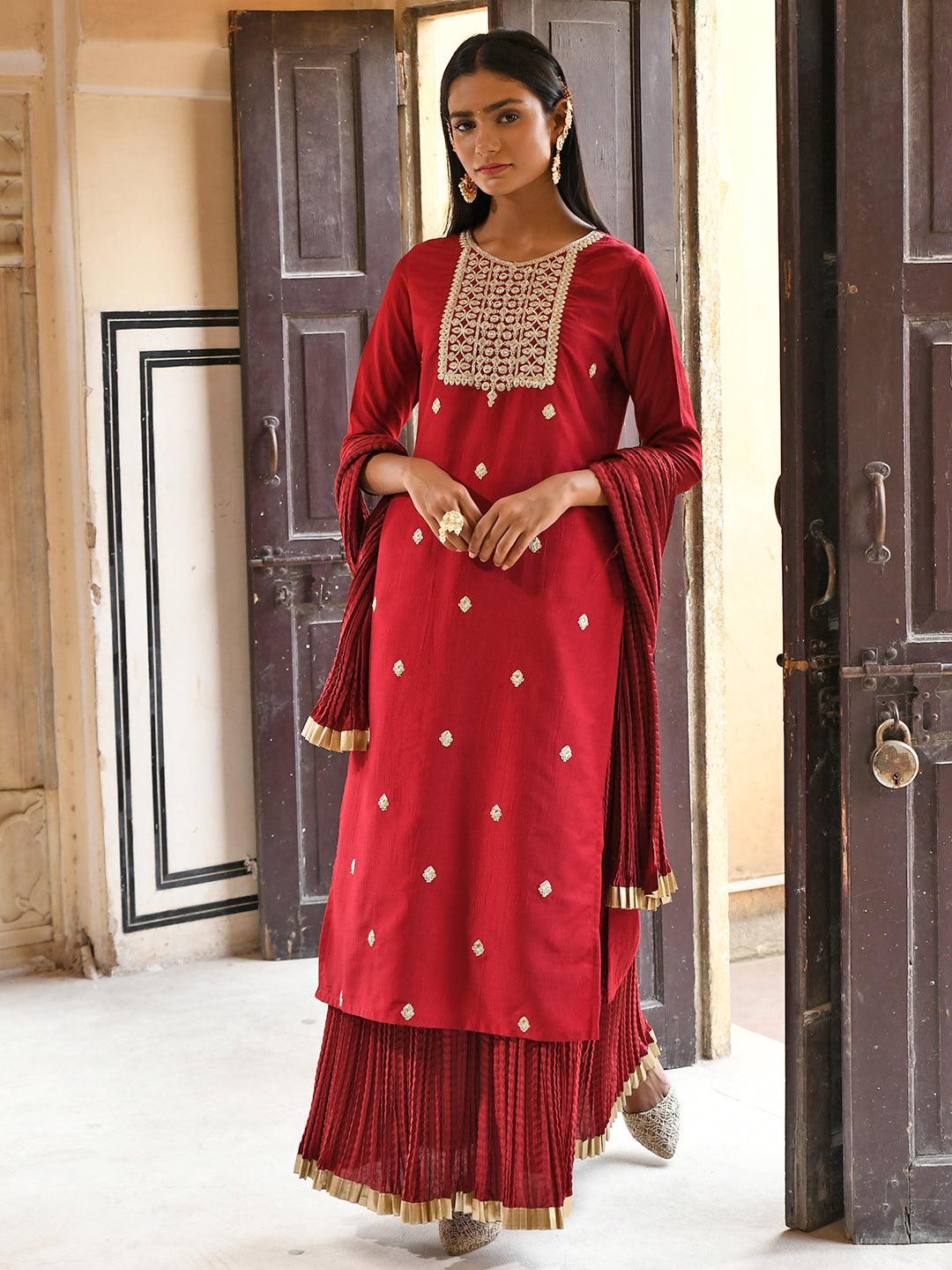 Maroon Chinnon Embroidered Kurta with Skirt and Dupatta