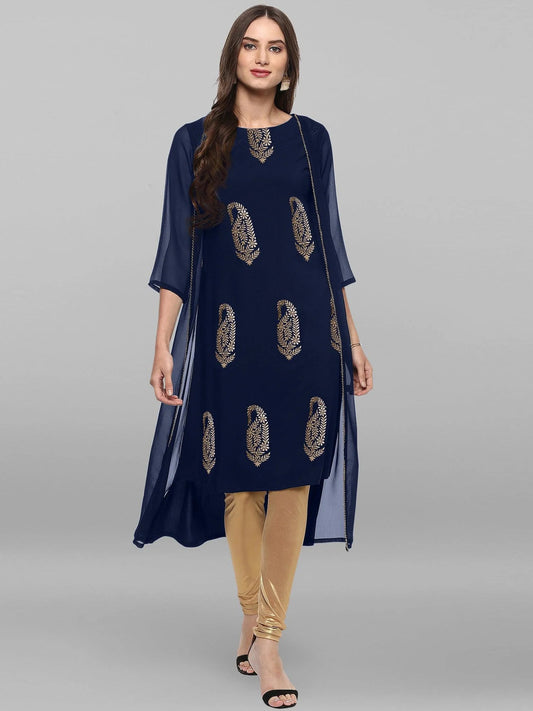 Blue Poly Crepe Foil Print A-line Kurta