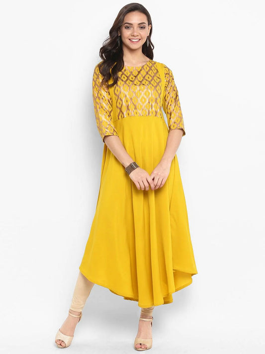 Yellow Poly Crepe Gold Print Flared Kurta