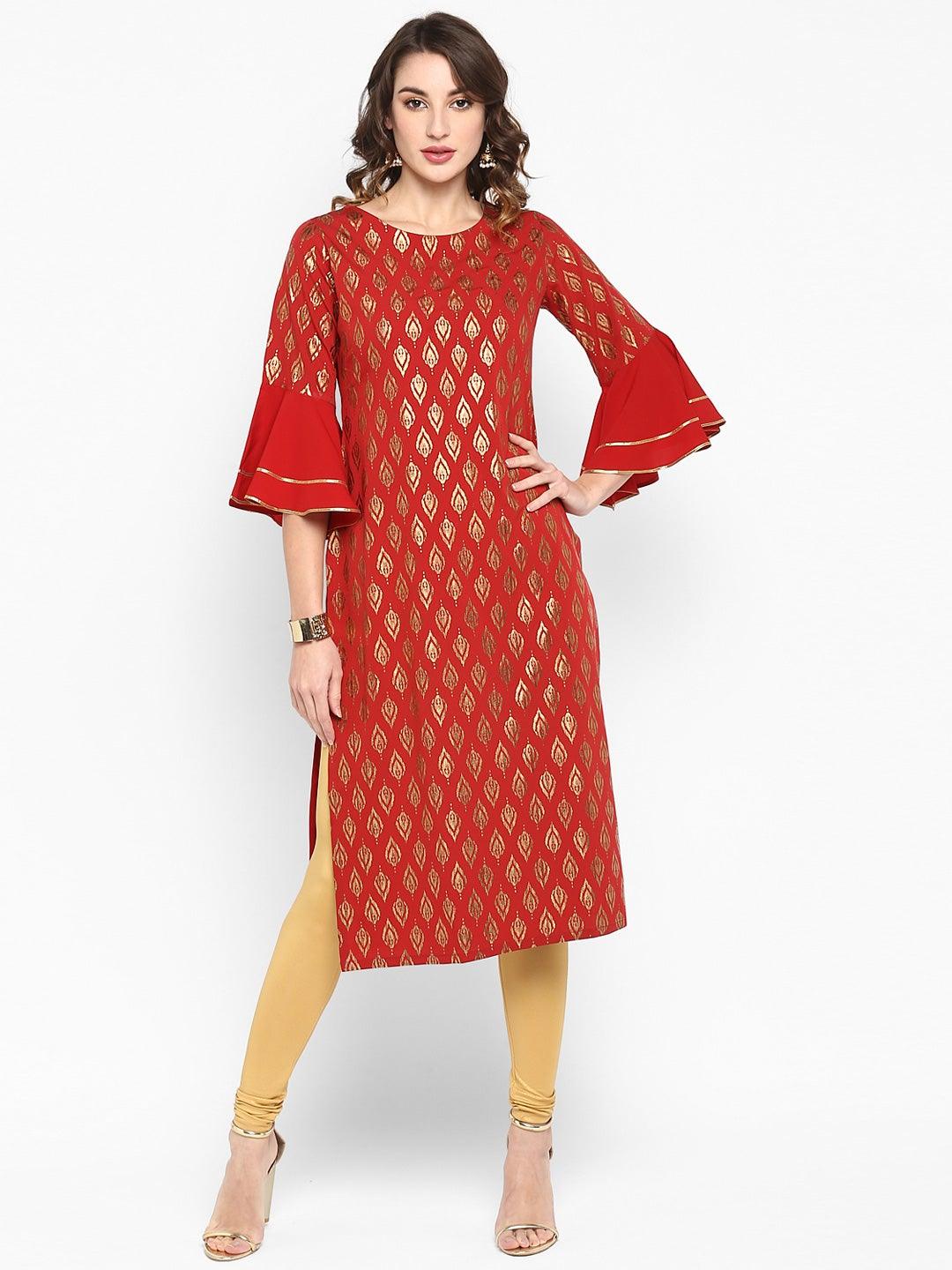 Red Poly Crepe Gold Print Straight Kurta