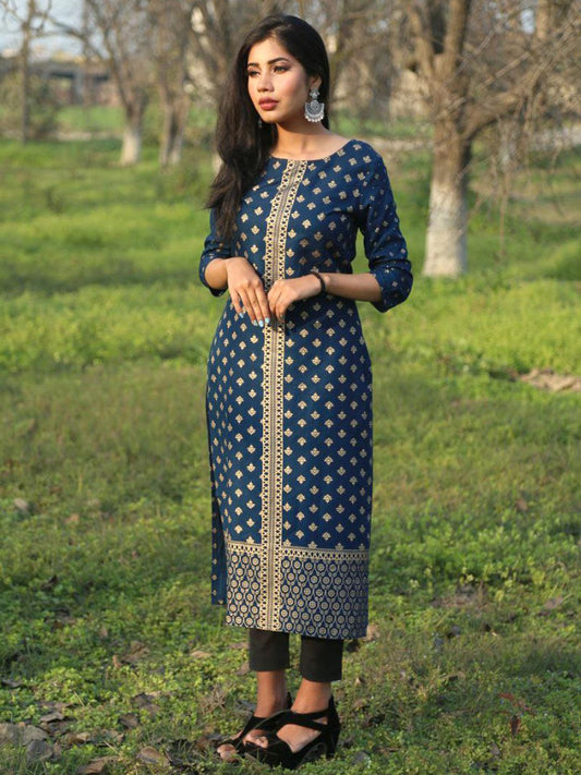 Dark Blue Rayon Ethnic Motifs Straight Kurta