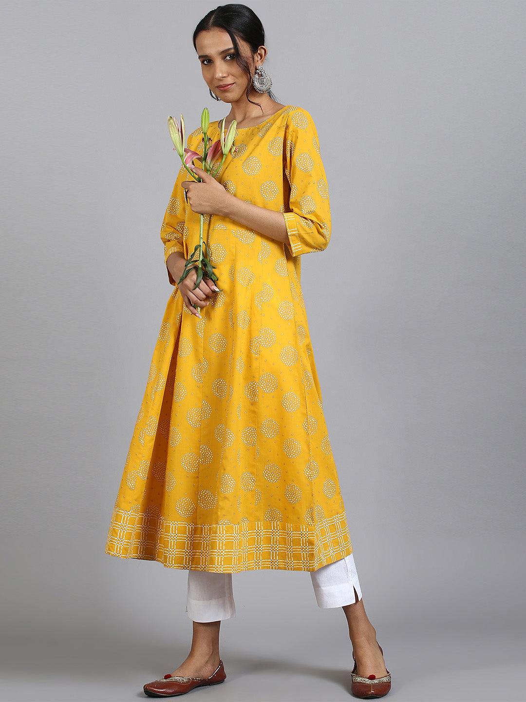 Yellow Cotton Floral Print Anarkali Kurta