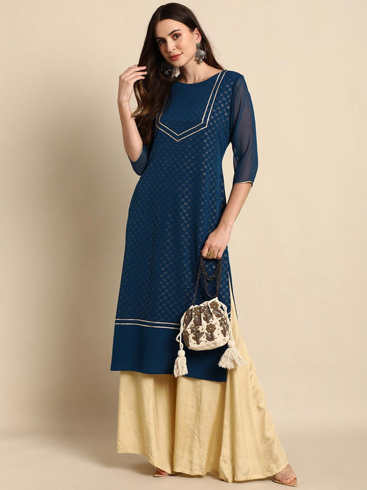 Teal Poly Crepe Gold Print Straight Kurta