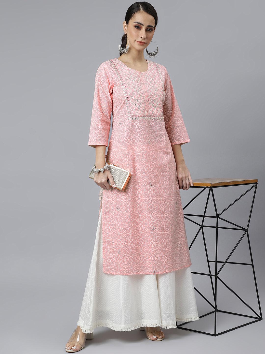 Pink Cotton Bandhni Print Straight Kurta