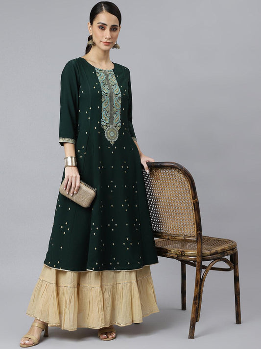 Green Crepe Foil Print Straight Kurta