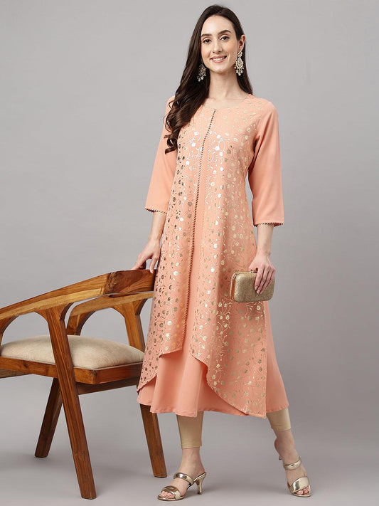 Women's Peach Crepe Foil Print Frontslit Kurta