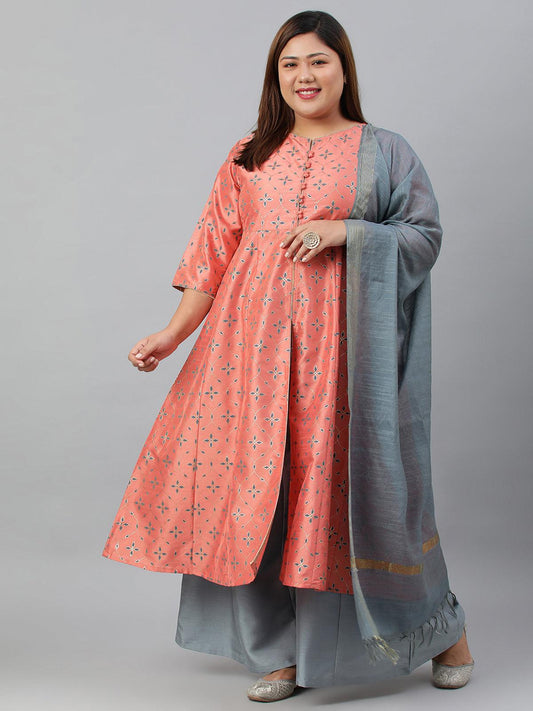 Plus Size Peach Poly Silk Kurta With Palazzo and Dupatta