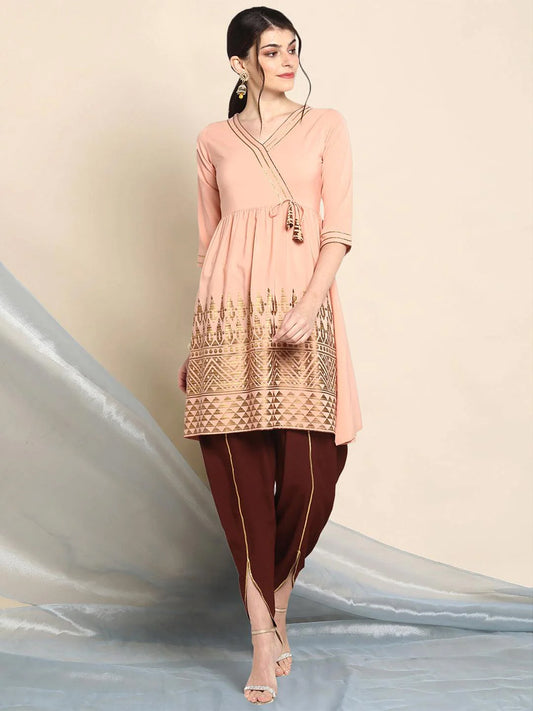 Peach Poly Crepe Geometric Print Kurta with Dhoti Pant