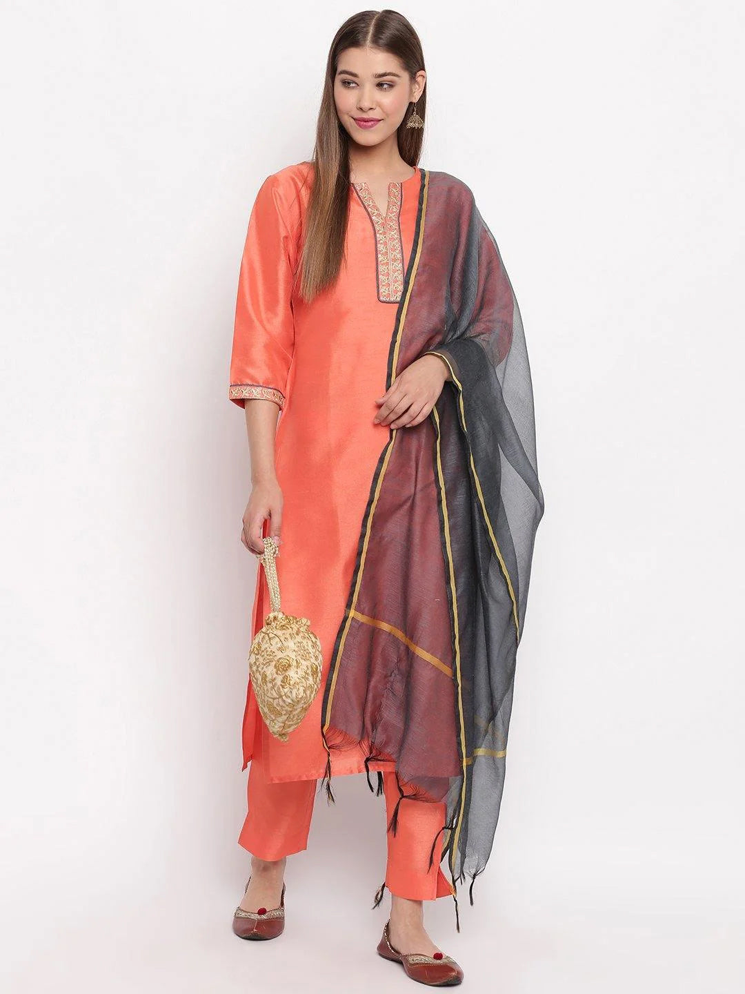 Peach Poly Silk Solid Kurta with Pant and Dupatta