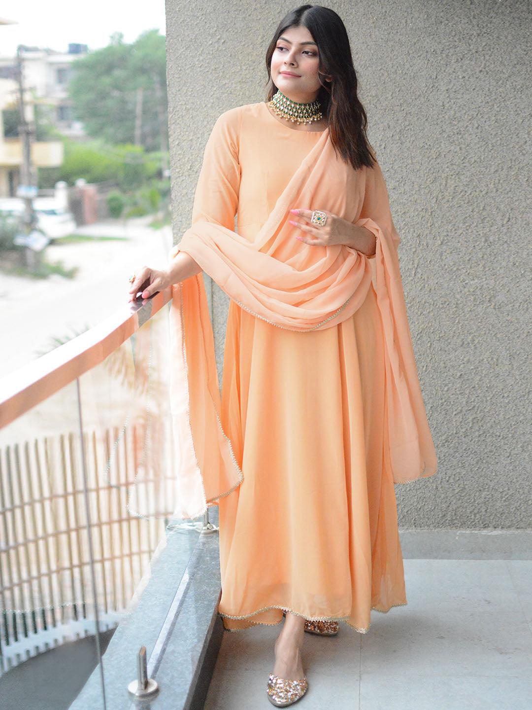 Peach Poly Georgette Solid Kurta with Dupatta