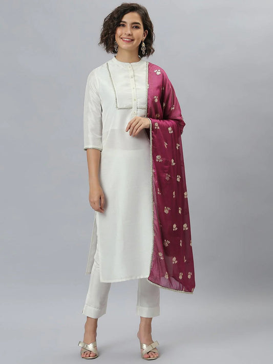 White Poly Silk Solid Kurta with Pant and Dupatta